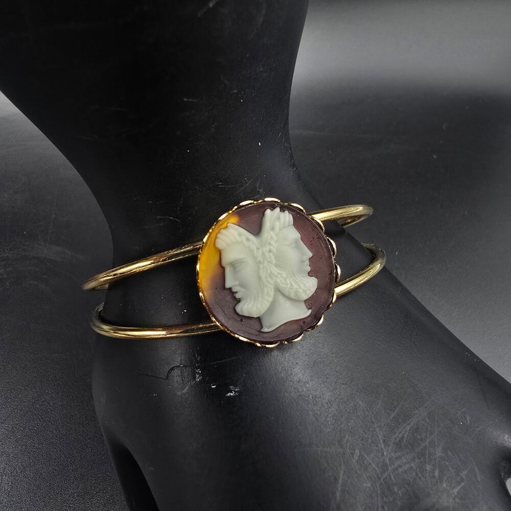 Janus Cameo Double Face Cuff Bracelet Gold Tone Faux Tortoise Vintage